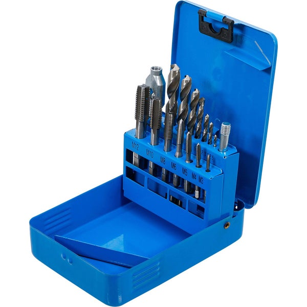 Bohrer und Gewindebohrer Set in blauem Kasten