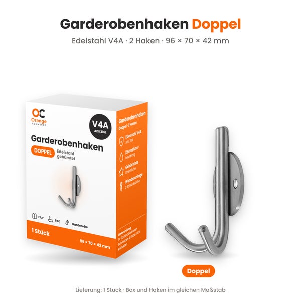 Doppelgarderobenhaken aus gebürstetem Edelstahl V4A, 96 x 70 x 42 Millimeter, für die Wandmontage im Innenbereich.