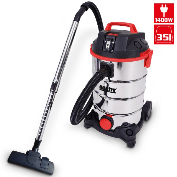 Hecht Nass- und Trockensauger mit 35 Liter Edelstahlbehälter, 1400 Watt Leistung, Saugschlauch, Teleskopstange und Bodendüse.