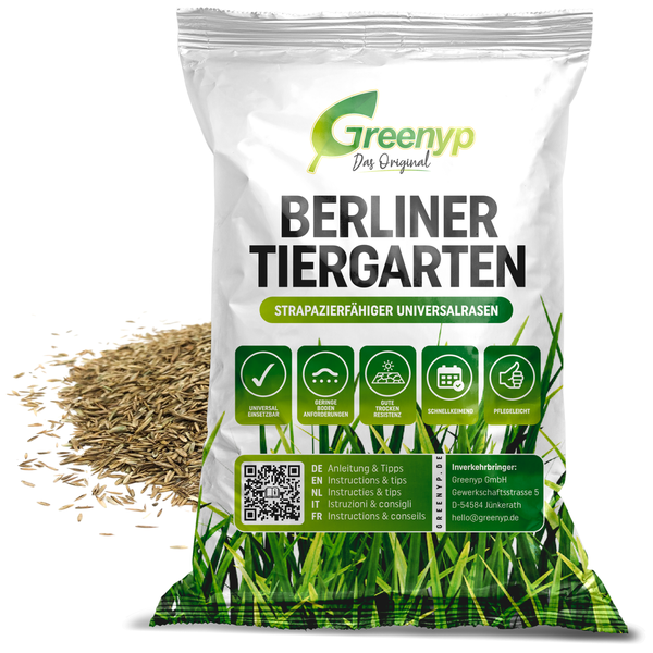 Greenyp Berliner Tiergarten I robuster & schnellkeimender Universalrasen I 2,5kg für 100m² I Zierrasen Grassamen Rasensamen Rasensaat Gras Nachsaat