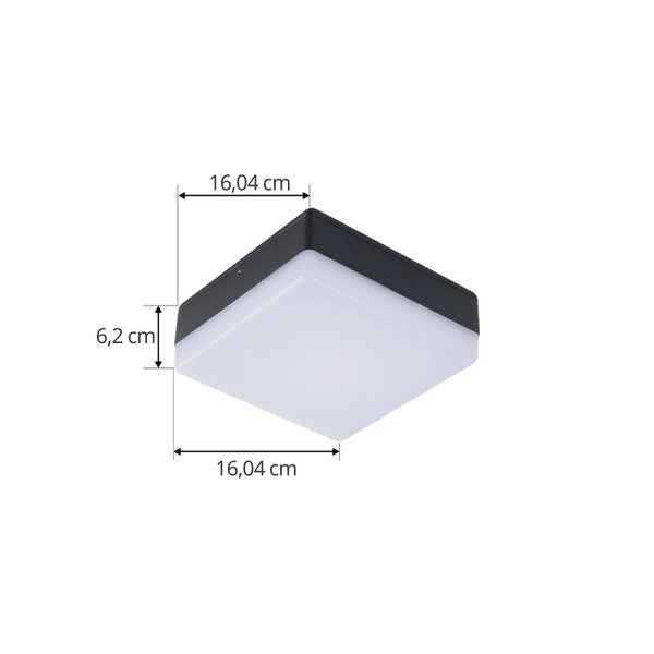 Quadratische Außenleuchte mit Maßen: 16,04 Zentimeter Länge, 16,04 Zentimeter Breite und 6,2 Zentimeter Tiefe.