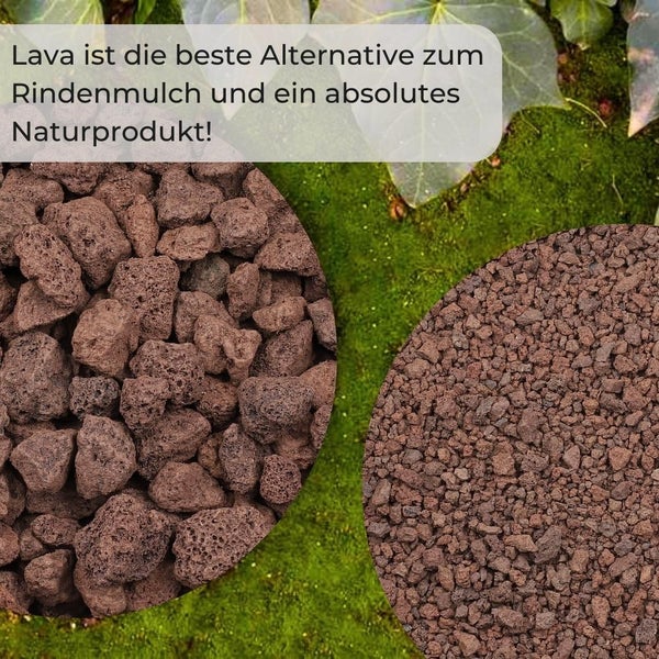 Nahaufnahme von Lavagranulat in zwei verschiedenen Körnungen als Alternative zu Rindenmulch