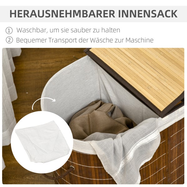 HOMCOM Wäschekorb Wäschebox 100L Wäschesammler mit Deckel, Wäschesortierer mit Griff, Waschekorbsammler mit 2 Wäschesäcken für Badezimmer, Bambus, Braun