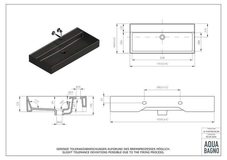 Technische Zeichnung eines schwarzen Waschbeckens mit Maßangaben