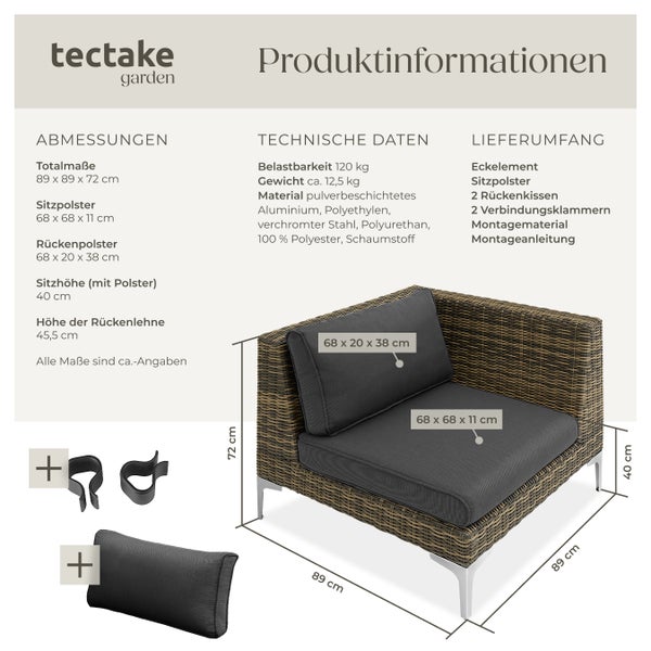 Modulares Rattanset tectake Villanova 89 x 89 x 72 cm linkes Eckelement mit Aluminiumgestell anthrazit-meliert