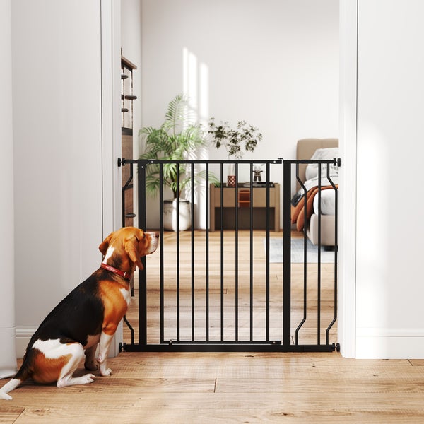 Schwarzes Metall-Schutzgitter für Haustiere in einem Türrahmen. Ein Beagle sitzt davor und blickt in ein helles Zimmer mit Holzboden.