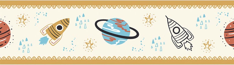 Tapetenbordüre mit Weltraum-Motiven wie Raketen, Planeten und Sternen im handgezeichneten Stil für das Kinderzimmer.
