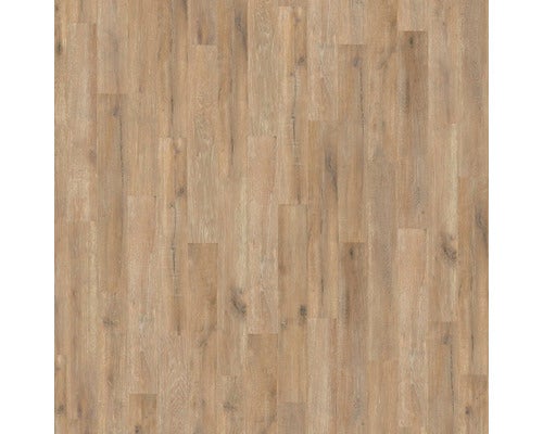 Laminatboden in brauner Holzoptik mit Maserung und Astlöchern.