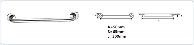 Verchromter Haltegriff für das Badezimmer mit technischer Zeichnung, Länge 300 Millimeter, Durchmesser 50 Millimeter und Tiefe 65 Millimeter.