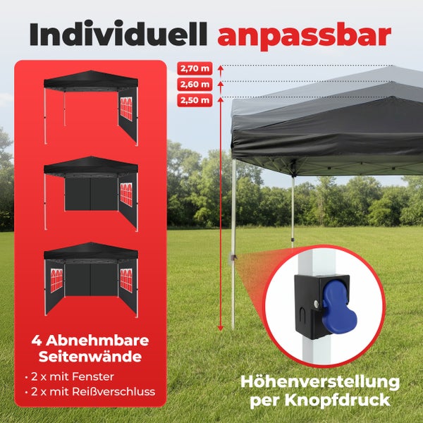 Faltpavillon mit Seitenteilen, Fenstern und Vorhängen, inklusive Tragetasche, Standgewichten, Seilen und Heringen.