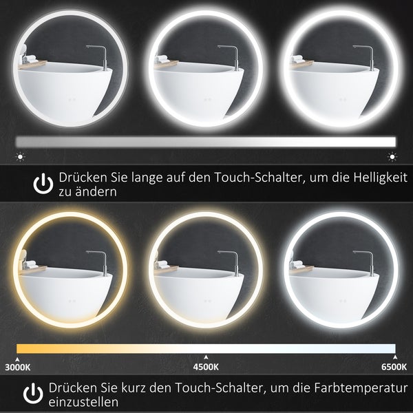 Runder Spiegel mit LED-Beleuchtung über Badewanne