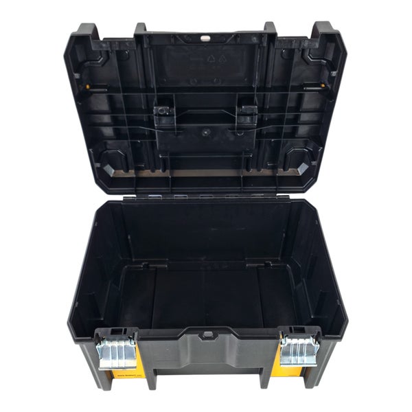 Geöffnete Dewalt Werkzeugbox aus Kunststoff mit Metallverschlüssen