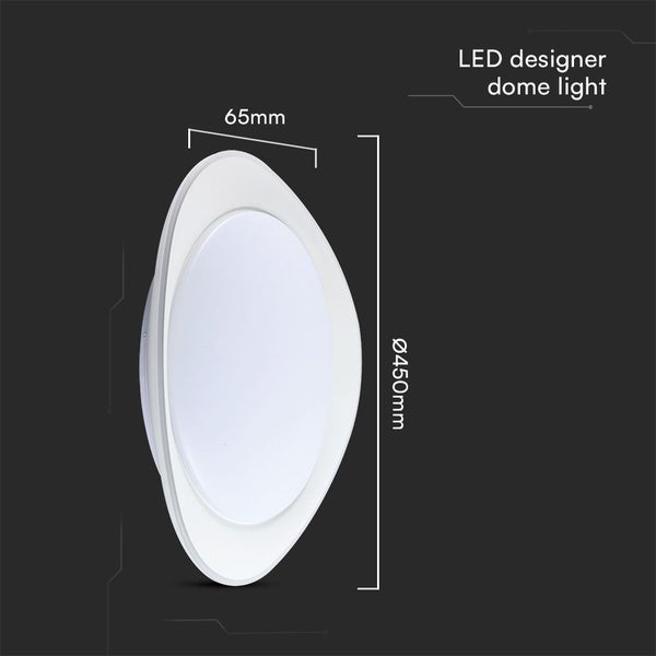 LED Designer Deckenleuchte mit einem Durchmesser von 450 mm und einer Tiefe von 65 mm.