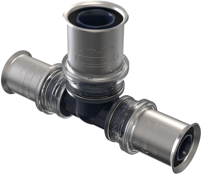 T-Stück Pressfitting aus Metall für Verbundrohre mit drei Anschlüssen.