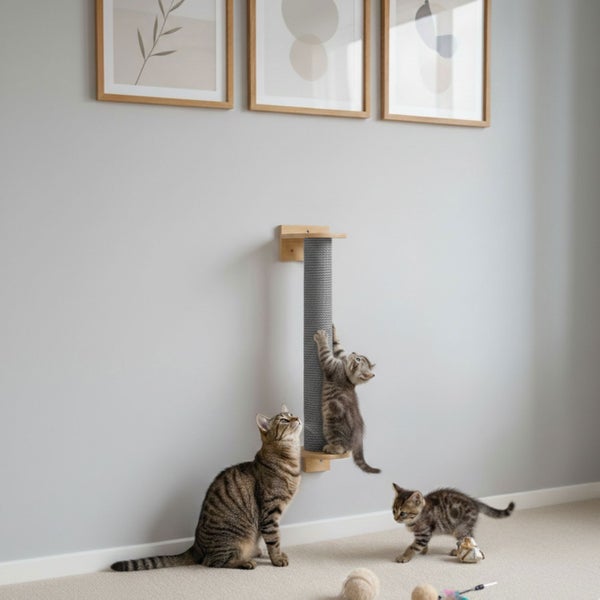 Wandkratzbaum für Katzen mit Sisalstamm an einer hellen Wand montiert und drei Katzen beim Spielen im Zimmer.