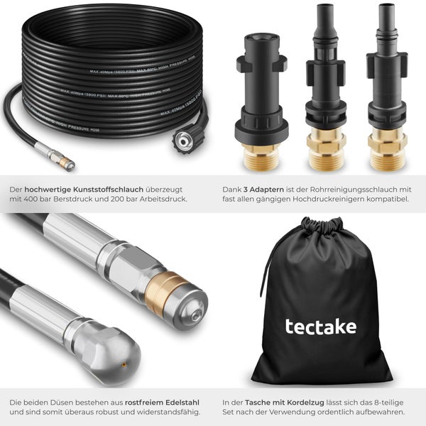 Tectake Hochdruckreiniger Schlauch Set 15 Meter mit Anschlüssen und Zubehör
