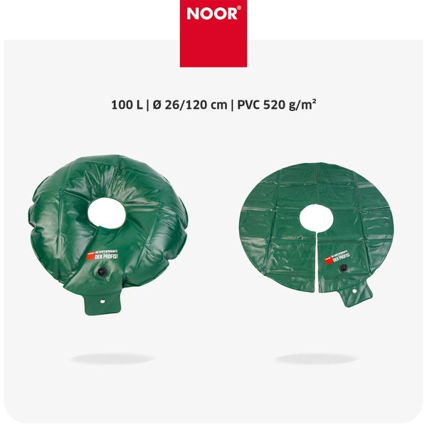 NOOR Logo, Baum-Bewässerungsring mit 100 Liter Fassungsvermögen, Durchmesser 26 bis 120 Zentimeter, PVC 520 Gramm pro Quadratmeter.