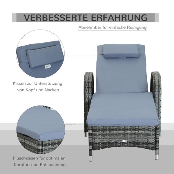 Outsunny Sonnenliege Polyrattan Gartenliege mit 5-Fach verstellbarer Rücklehne, Polsterauflage, Rollen, Kissen, 160 kg belastbar Relaxliege Liegestuhl für Garten, 200x73x30-103cm, Grau