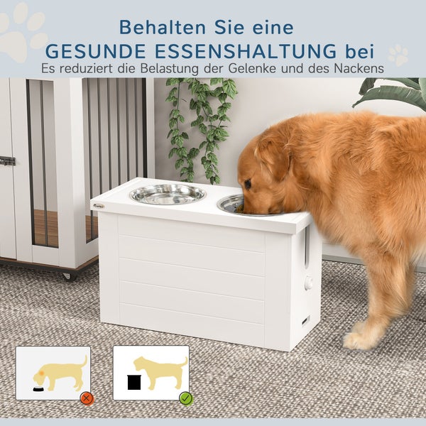 PawHut 2-in-1 Erhöhter Hundenapf Höhenverstellbar Futternapf mit Ständer Stauraum 2 x 2L Edelstahlnäpfen Langsamfuttermatte Fressnapf Futterstation Hundenäpfe für Große Hunde Katzen Weiß