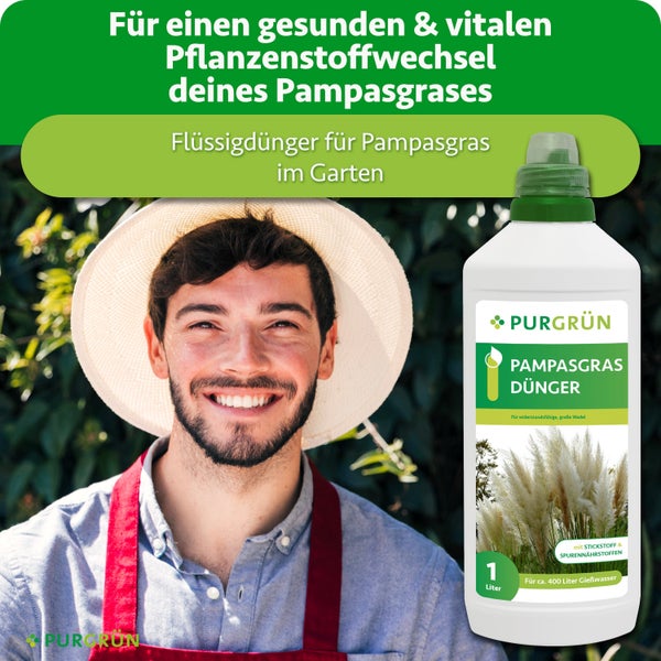 Eine Flasche Purgrün Pampasgras Dünger mit einem Liter Inhalt und einem lächelnden Gärtner mit Strohhut.