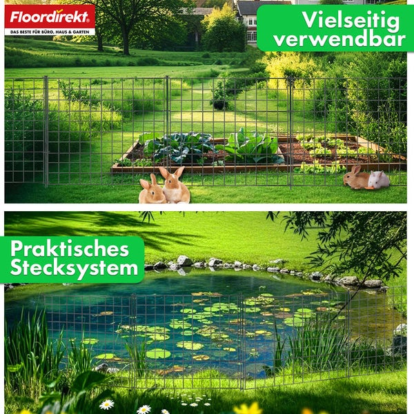 Drahtzaun zur flexiblen Verwendung im Garten zur Tierhaltung und zum Schutz von Pflanzen, dargestellt in zwei Gartenszenen.