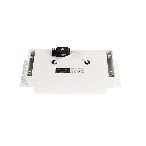Weißes rechteckiges Einbau-Downlight aus Metall mit Montagehalterungen und Anschlusskabeln auf der Oberseite.