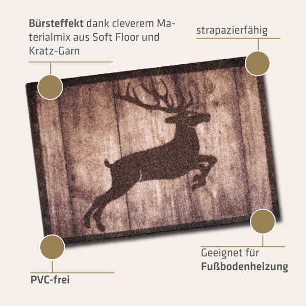 Akzente Listen Deer Jump Fußmatte 40x60 cm, Polyamid-Monofilament, rutschfest, TPE-Rückseite, PVC-frei, abriebfest, für Fußbodenheizung geeignet.
