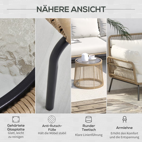 Detailansicht einer Gartenmöbelgruppe mit gehärteter Glasplatte, Anti-Rutsch-Füßen, rundem Teetisch und Armlehne