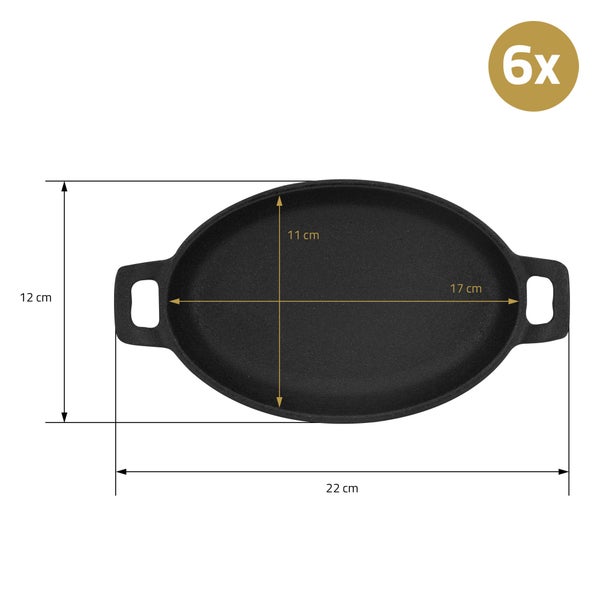 BBQ#BOSS 6er Set Servierpfännchen aus Gusseisen, Grillpfännchen oval 22x12 cm, bereits eingebrannt, antihaftbeschichtet, Gusspfännchen mit Tragegriffe, Grillpfannen Pfännchen Servierpfanne Pfannenset