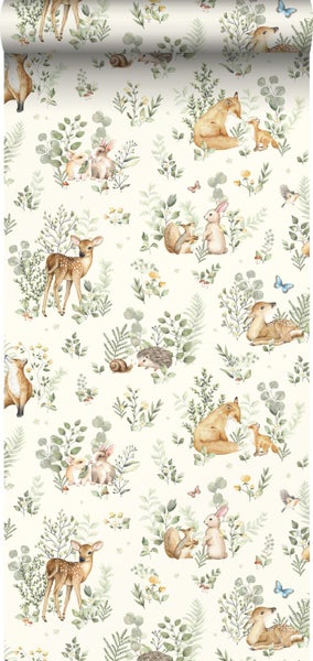 Vliestapete mit Waldtiermotiv, Rehe, Füchse, Hasen und Eichhörnchen zwischen Pflanzen.