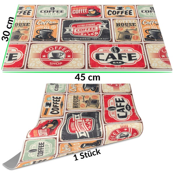 Klebefolie mit Vintage Kaffeehaus Motiven, Maße 30 mal 45 Zentimeter, ein Stück.