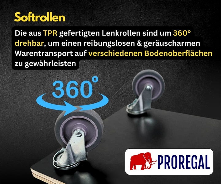 Zwei PROREGAL Lenkrollen aus TPR an einem Rollbrett, um 360 Grad drehbar für leisen Transport.