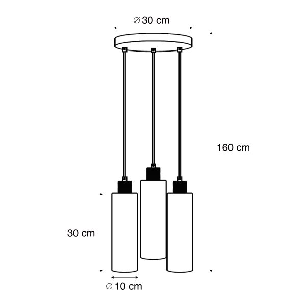 Technische Zeichnung einer Pendelleuchte mit drei Leuchten, Höhe 160 Zentimeter, Lampenschirmdurchmesser 10 Zentimeter, Lampenschirmhöhe 30 Zentimeter, Durchmesser der Deckenbefestigung 30 Zentimeter