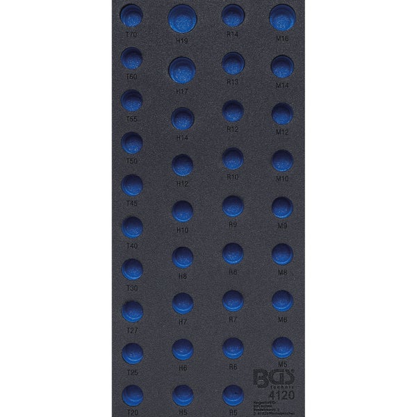 BGS technic Werkzeugeinlage aus Schaumstoff mit beschrifteten runden Aussparungen für verschiedene Größen. BGS technic Logo.