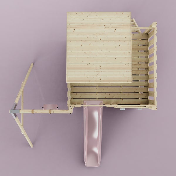 Spielturm aus Holz mit Rutsche und Schaukel in der Draufsicht.