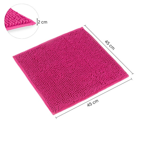 Quadratische Badematte in Pink, 45 mal 45 Zentimeter, Florhöhe 2 Zentimeter, Chenille-Struktur.