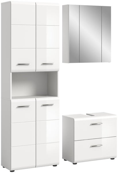 Badezimmermöbel-Set bestehend aus Hochschrank, Waschbeckenunterschrank und Spiegelschrank in weißer Hochglanz-Optik mit silberfarbenen Griffen.