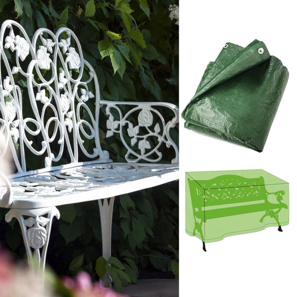 Grüne Abdeckhaube für Gartenbänke mit Metallösen, gefaltet und als Anwendungsskizze über einer weißen Metallbank dargestellt.