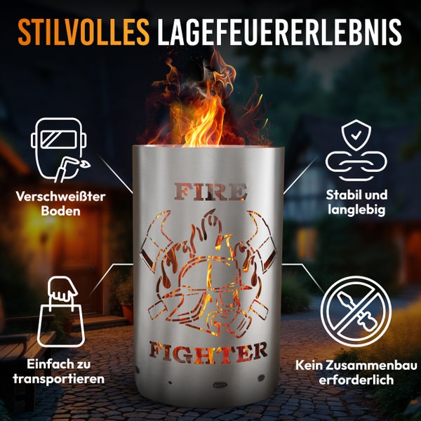 Feuerstelle aus Metall mit Feuerwehr-Motiv für ein stilvolles Lagerfeuererlebnis