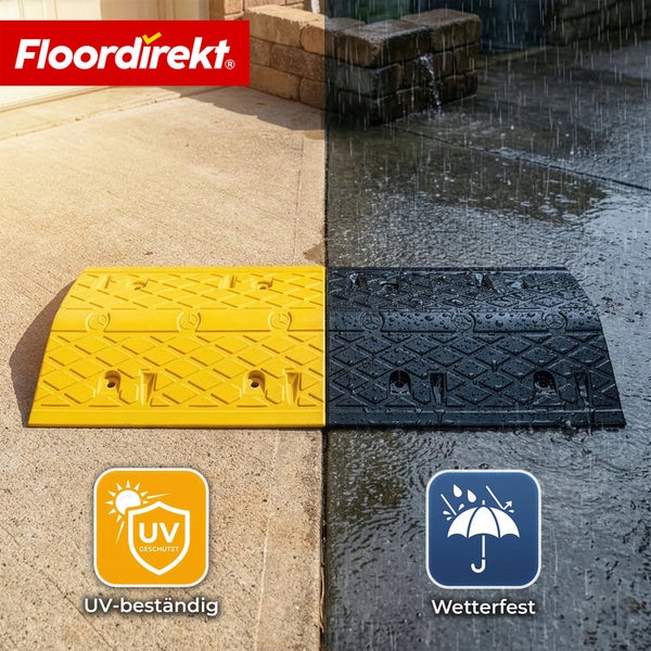Floordirekt Logo, gelbe und schwarze strukturierte Bordsteinrampe bei Sonne und Regen, ultraviolettbeständig und wetterfest.