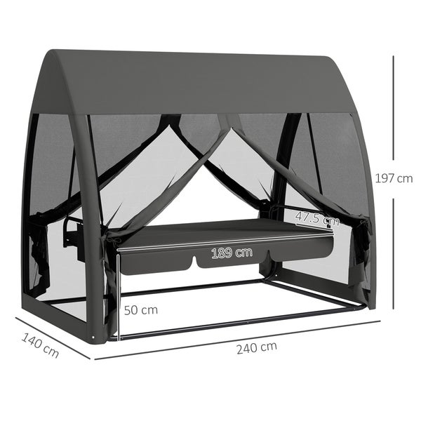 Outsunny 2 in 1 Hollywoodschaukel mit Liegefunktion 3-Sitzer Gartenschaukel mit Baldachin, Mückennetz, Schaukelbank belast bis 300kg, Gartenliege für Garten, Terrasse, 240 x 140 x 197 cm, Grau