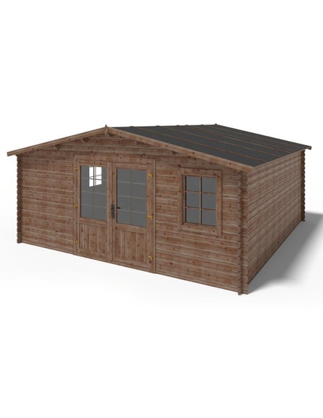 Gartenhaus aus Holz mit Doppeltür und einem Fenster sowie Satteldach.