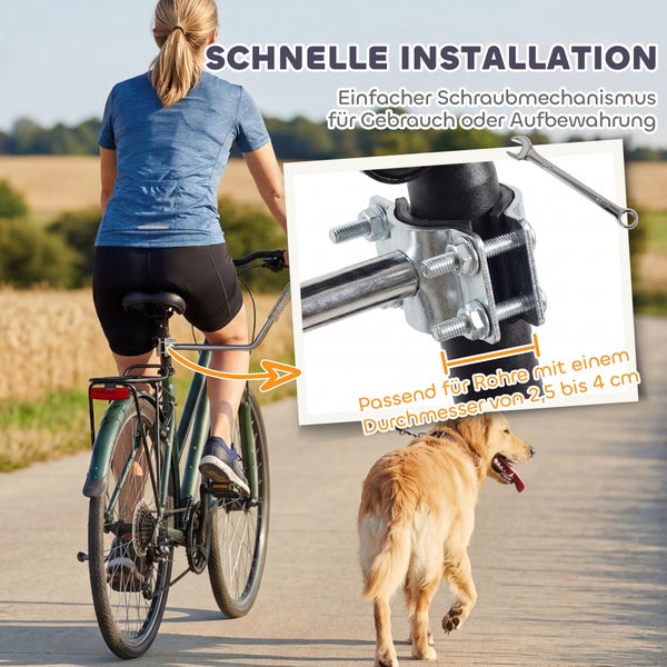 Fahrradhalterung für Hundeleinen mit Schraubmechanismus, geeignet für Rohrdurchmesser von 2,5 bis 4 Zentimeter.