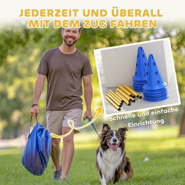 Ein Mann geht mit seinem Hund im Park spazieren und trägt ein mobiles Agility-Set in einer Tasche. Inset zeigt Kunststoffkegel und Hürdenstangen.