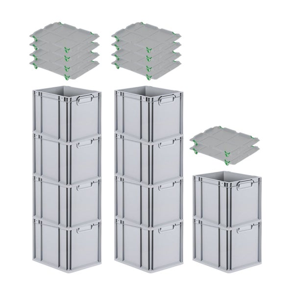 PROREGAL Spar Set 10x Eurobox Nextgen Economy Mit Auflagedeckel & 4x Schiebeschnappverschlüsse Grün Griffe Geschlossen HxBxT 32 x 30 x 40 cm 30 Liter