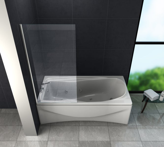 Modernes Badezimmer mit rechteckiger Badewanne, Badewannenaufsatz und Ablagetisch