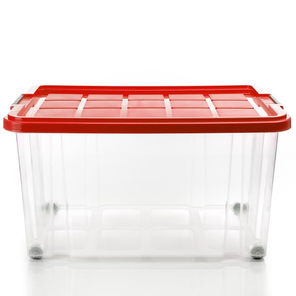 BigDean 3 Stück 60 L Aufbewahrungsbox mit Deckel groß rot - stapelbare robuste Box BPA-frei - rollbare Stapelbox mit festen Klickverschlüssen - Made in Germany