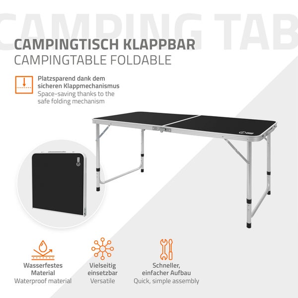 ECD Germany Alu Campingtisch Klapptisch, höhenverstellbar 120x60x54-70 cm, Schwarz, HDPE-Platte, klappbar, tragbar, leicht, Falttisch mit Griff, Koffertisch Gartentisch Reisetisch Balkontisch Esstisch
