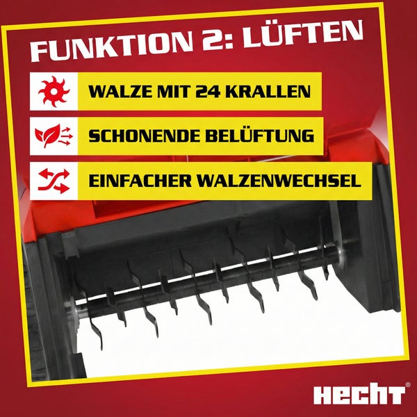 Hecht Rasenlüfter Detailaufnahme der Lüfterwalze mit 24 Krallen