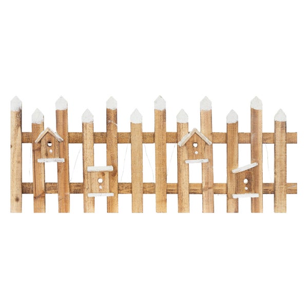 ECD Germany Deko Holz Zaun mit LED in natur, 98 x 39 cm, inkl. Vogelhäuschen, batteriebetrieben, mit Timer, Mini Gartenzaun beleuchtet Mini-Lattenzaun Weihnachtsbaum-Zaun Weinachtsdeko Winter Gatter